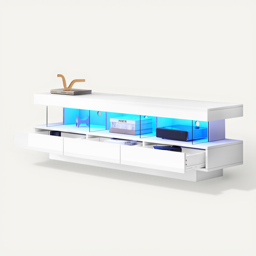 Meuble TV 160cm-éclairage LED-brillant Avec Support TV En Verre-pour Téléviseur 70 Pouces-blanc