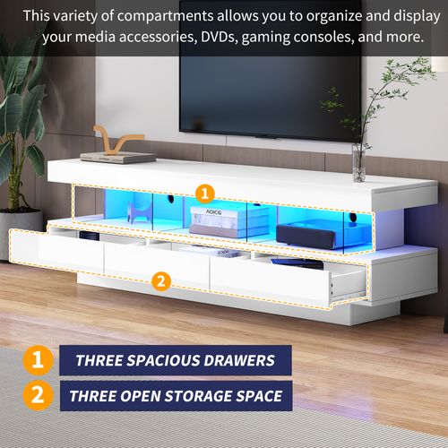 Meuble TV 160cm-éclairage LED-brillant Avec Support TV En Verre-pour Téléviseur 70 Pouces-blanc