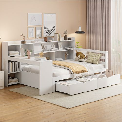 Lit Combiné Enfant 90x200 Cm Avec Bureau Étagères Rangement Et Prise,blanc