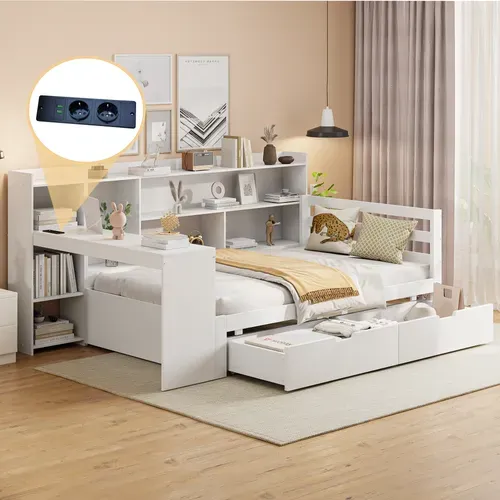 Lit Combiné Enfant 90x200 Cm Avec Bureau Étagères Rangement Et Prise,blanc