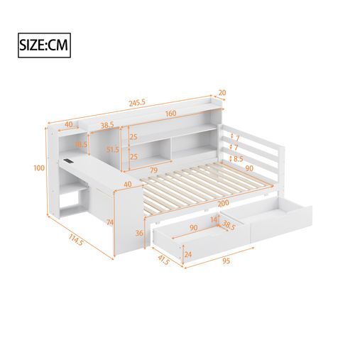 Lit Combiné Enfant 90x200 Cm Avec Bureau Étagères Rangement Et Prise,blanc