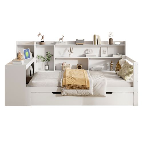 Lit Combiné Enfant 90x200 Cm Avec Bureau Étagères Rangement Et Prise,blanc