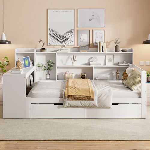 Lit Combiné Enfant 90x200 Cm Avec Bureau Étagères Rangement Et Prise,blanc