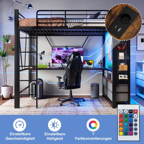 Lit Mezzanine 90*200cm-lit Enfant Avec Bureau, Étendoir-prise USB + Type-c-bande LED-noir