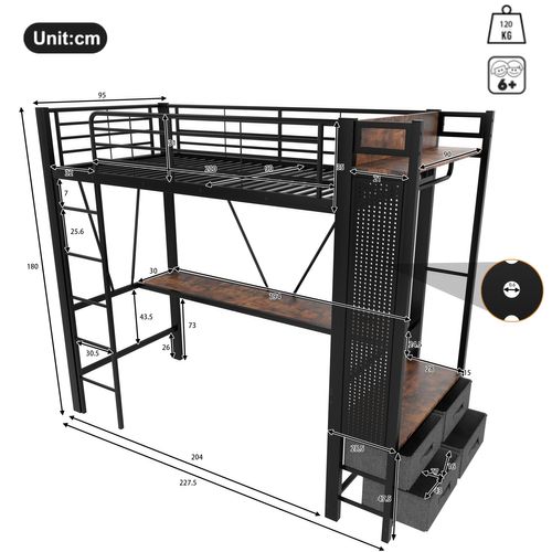 Lit Mezzanine 90*200cm-lit Enfant Avec Bureau, Étendoir-prise USB + Type-c-bande LED-noir