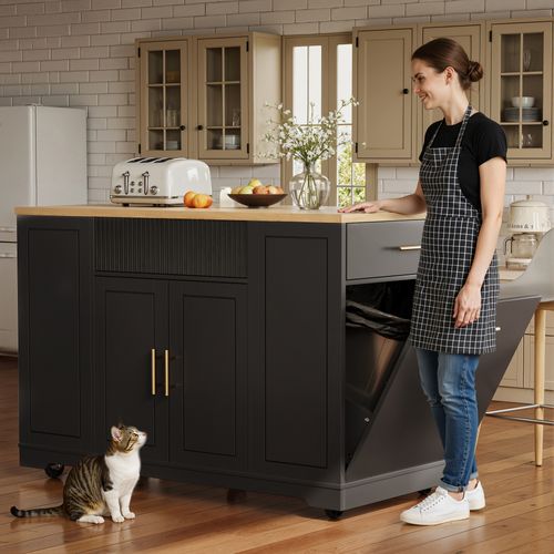 Îlot De Cuisine Avec Rangement Maximal-Desserte de Cuisine à Roulettes-Poubelle Intégrée-Noir