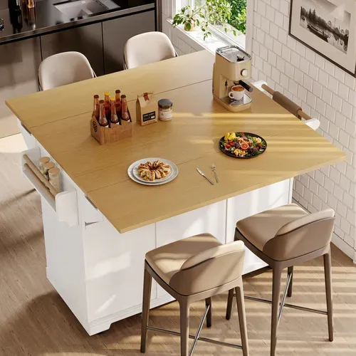 Îlot De Cuisine Avec Table Extensible-rangement Intelligent Avec Roulettes-blanc-cuisine Et Séjour