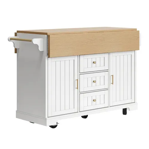 Îlot De Cuisine Avec Table Extensible-rangement Intelligent Avec Roulettes-blanc-cuisine Et Séjour