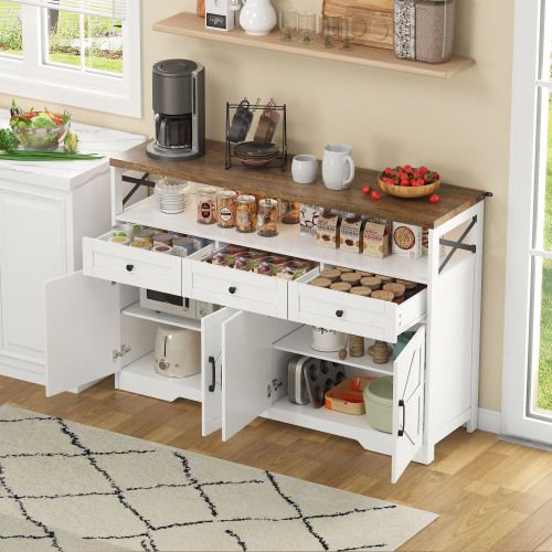 Buffet De Cuisine Avec Rangement-meubles De Cuisine Bas Avec 4 Portes Et 3 Tiroirs-blanc
