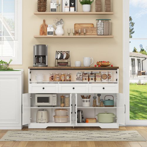 Buffet De Cuisine Avec Rangement-meubles De Cuisine Bas Avec 4 Portes Et 3 Tiroirs-blanc