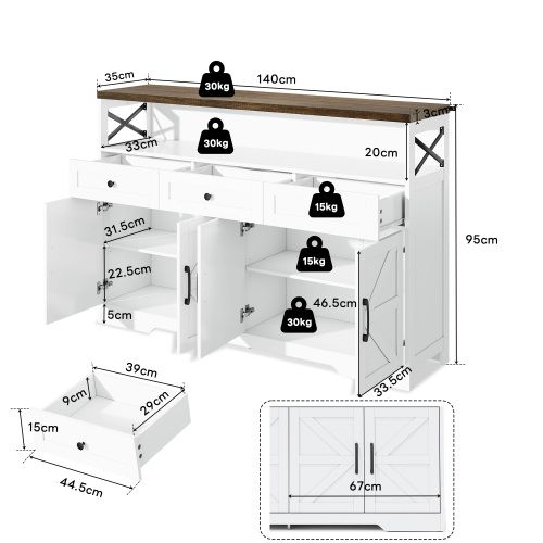 Buffet De Cuisine Avec Rangement-meubles De Cuisine Bas Avec 4 Portes Et 3 Tiroirs-blanc