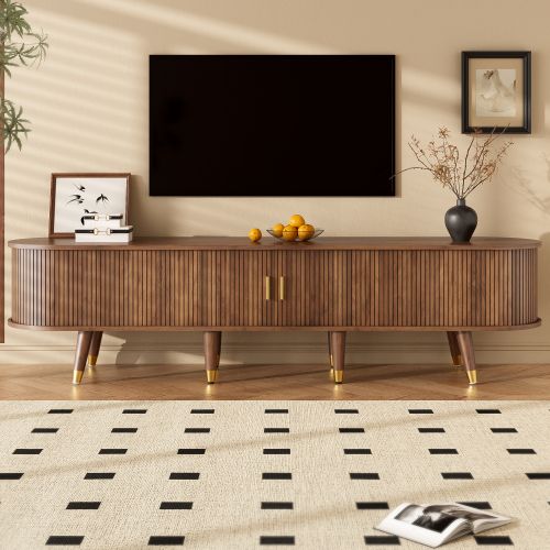 Meuble TV 175 Cm-avec Porte Coulissante-en Rotin-aspect Noyer- Rangements-naturel