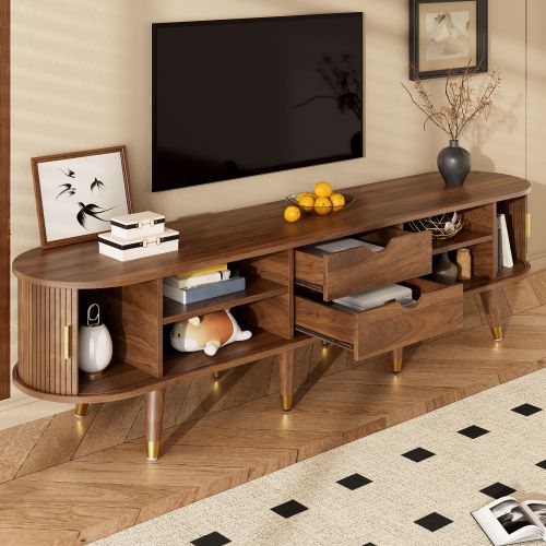 Meuble TV 175 Cm-avec Porte Coulissante-en Rotin-aspect Noyer- Rangements-naturel