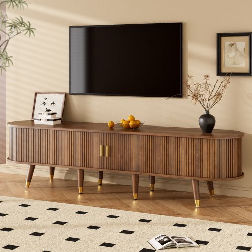 Meuble TV 175 Cm-avec Porte Coulissante-en Rotin-aspect Noyer- Rangements-naturel