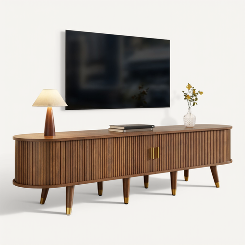 Meuble TV 175 Cm-avec Porte Coulissante-en Rotin-aspect Noyer- Rangements-naturel