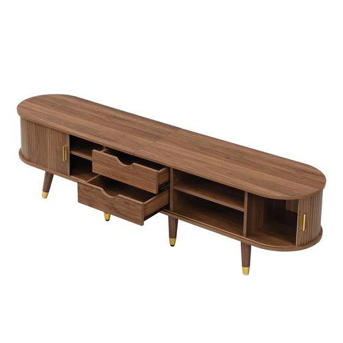 Meuble TV 175 Cm-avec Porte Coulissante-en Rotin-aspect Noyer- Rangements-naturel
