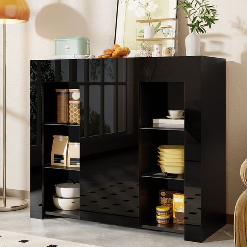 Buffet De Cuisine-buffet Noir Avec Façade Brillante-avec Étagères En Verre-cuisine, Salon