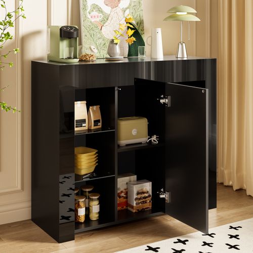 Buffet De Cuisine-buffet Noir Avec Façade Brillante-avec Étagères En Verre-cuisine, Salon