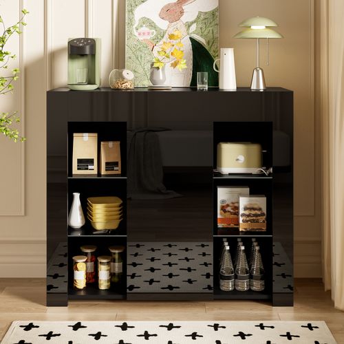 Buffet De Cuisine-buffet Noir Avec Façade Brillante-avec Étagères En Verre-cuisine, Salon
