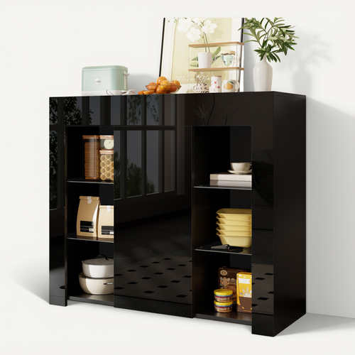 Buffet De Cuisine-buffet Noir Avec Façade Brillante-avec Étagères En Verre-cuisine, Salon