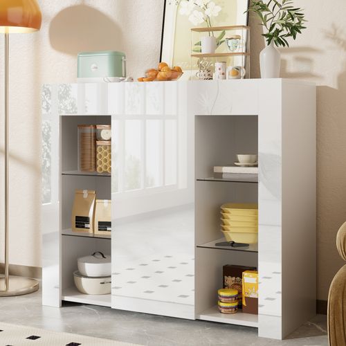 Buffet De Cuisine-buffet Blanc Avec Façade Brillante-avec Étagères En Verre-cuisine, Salon