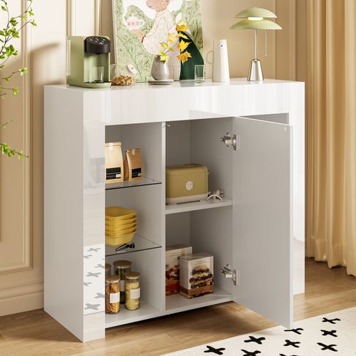 Buffet De Cuisine-buffet Blanc Avec Façade Brillante-avec Étagères En Verre-cuisine, Salon