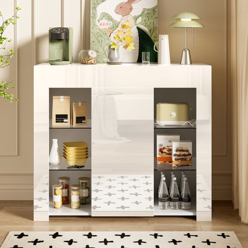 Buffet De Cuisine-buffet Blanc Avec Façade Brillante-avec Étagères En Verre-cuisine, Salon