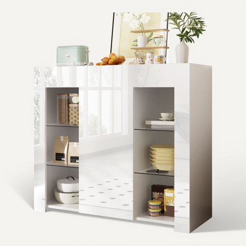 Buffet De Cuisine-buffet Blanc Avec Façade Brillante-avec Étagères En Verre-cuisine, Salon