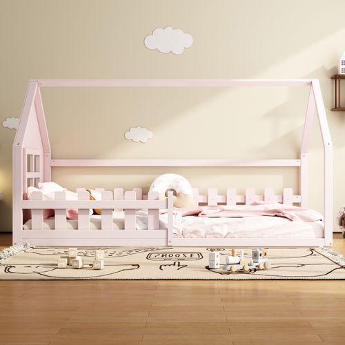 Lit Plat 90*200cm-lit Cabane -lit Enfant-barrière De Sécurité-rose