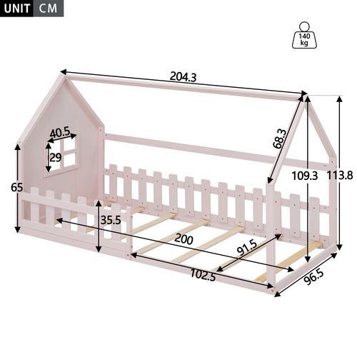 Lit Plat 90*200cm-lit Cabane -lit Enfant-barrière De Sécurité-rose