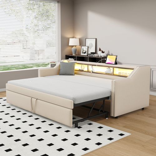 Lit Gigogne 90/180x190cm-rangement Multifonctionnel-éclairage LED Et Port USB-beige