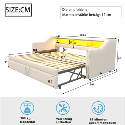 Lit Gigogne 90/180x190cm-rangement Multifonctionnel-éclairage LED Et Port USB-beige
