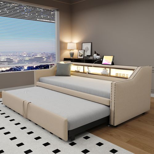 Lit Gigogne 90/180x190cm-rangement Multifonctionnel-éclairage LED Et Port USB-beige