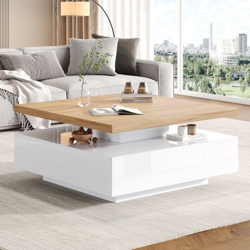 Table basse Carré Multifonctionnel-Pivotant à 360°-blanc Brillant-Noyer-Blanc