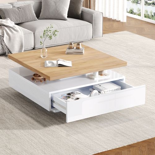 Table basse Carré Multifonctionnel-Pivotant à 360°-blanc Brillant-Noyer-Blanc