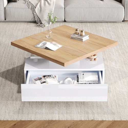 Table basse Carré Multifonctionnel-Pivotant à 360°-blanc Brillant-Noyer-Blanc