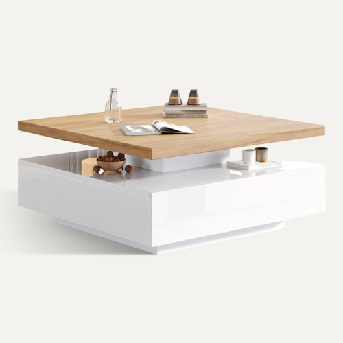 Table basse Carré Multifonctionnel-Pivotant à 360°-blanc Brillant-Noyer-Blanc