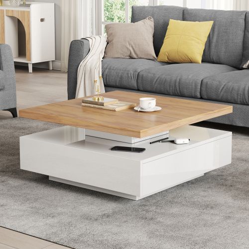 Table basse Carré Multifonctionnel-Pivotant à 360°-blanc Brillant-Noyer-Blanc