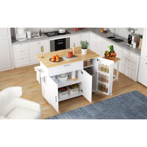 Îlot Central Cuisine Avec Plan De Travail Rabattable-table De Cuisine Mobile-5 Roulettes-blanc