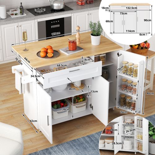 Îlot Central Cuisine Avec Plan De Travail Rabattable-table De Cuisine Mobile-5 Roulettes-blanc