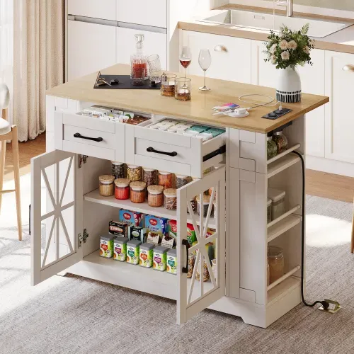 Îlot Central Cuisine Portable-rangement Ouvert-port USB-stratifié Réglable-roulettes-blanc