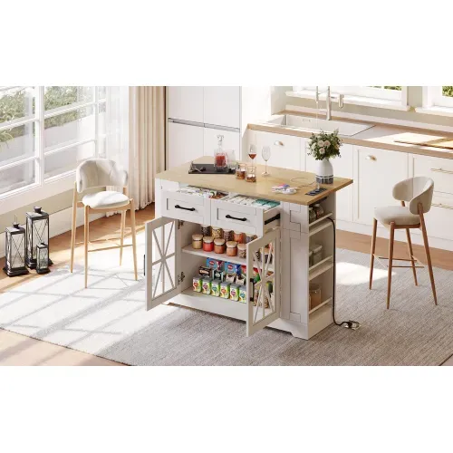 Îlot Central Cuisine Portable-rangement Ouvert-port USB-stratifié Réglable-roulettes-blanc
