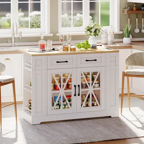 Îlot Central Cuisine Portable-rangement Ouvert-port USB-stratifié Réglable-roulettes-blanc