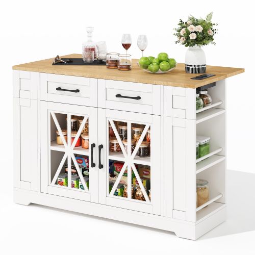 Îlot Central Cuisine Portable-rangement Ouvert-port USB-stratifié Réglable-roulettes-blanc