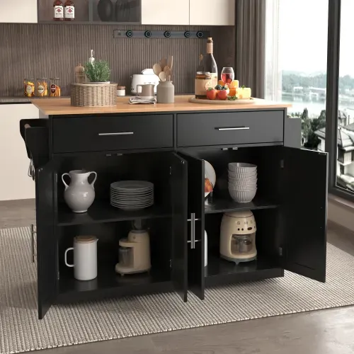 Îlot Central Cuisine Mobile-desserte Avec Plateau Rabattable-avec Roulettes-en Bois-noir
