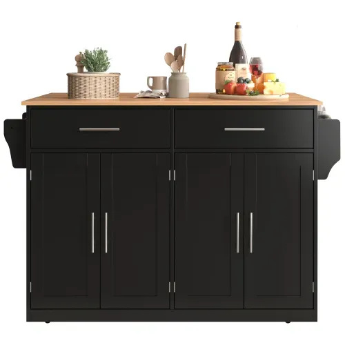 Îlot Central Cuisine Mobile-desserte Avec Plateau Rabattable-avec Roulettes-en Bois-noir