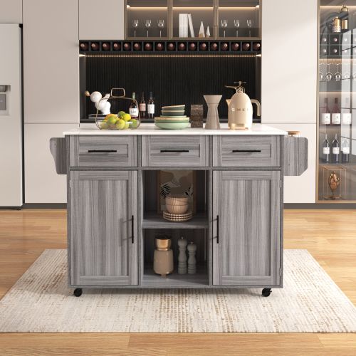 Îlot Central Cuisine Mobile-desserte Avec Plateau Rabattable-avec Roulettes-en Bois Massif-gris