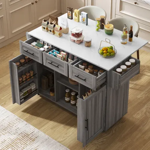 Îlot Central Cuisine Mobile-desserte Avec Plateau Rabattable-avec Roulettes-en Bois Massif-gris
