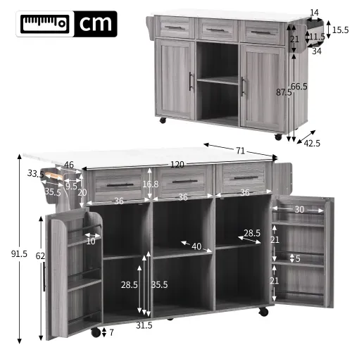 Îlot Central Cuisine Mobile-desserte Avec Plateau Rabattable-avec Roulettes-en Bois Massif-gris