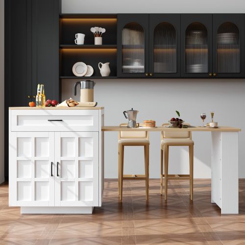 Îlot Central Cuisine-table Extensible Avec Rangement-pour 2 à 6 Personnes-desserte-blanc